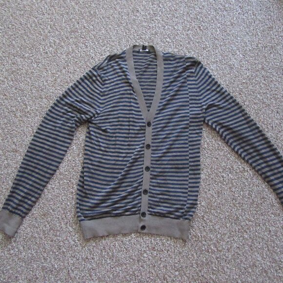 Women’s Theory Striped Navy Blue/Taupe Button Front Cardigan Sweater Size Medium - Picture 1 of 6